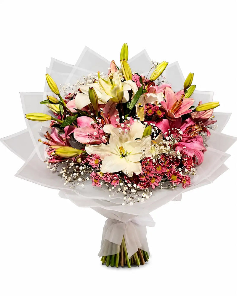 Custom Cheerful Fresh Pink & White Lilies Bouquet