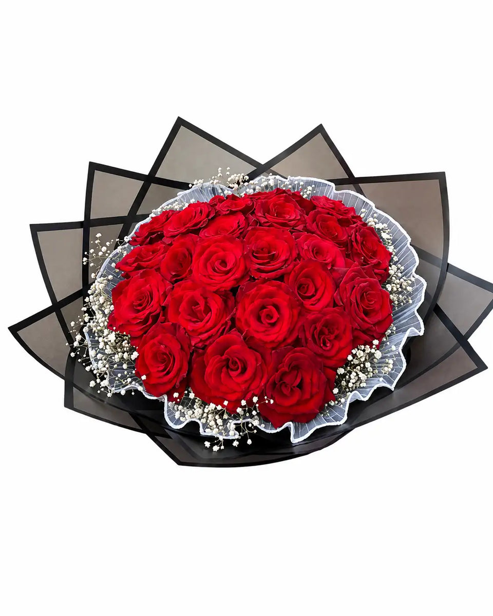 Fresh Red Rose Bouquet with Round Baby’s Breath