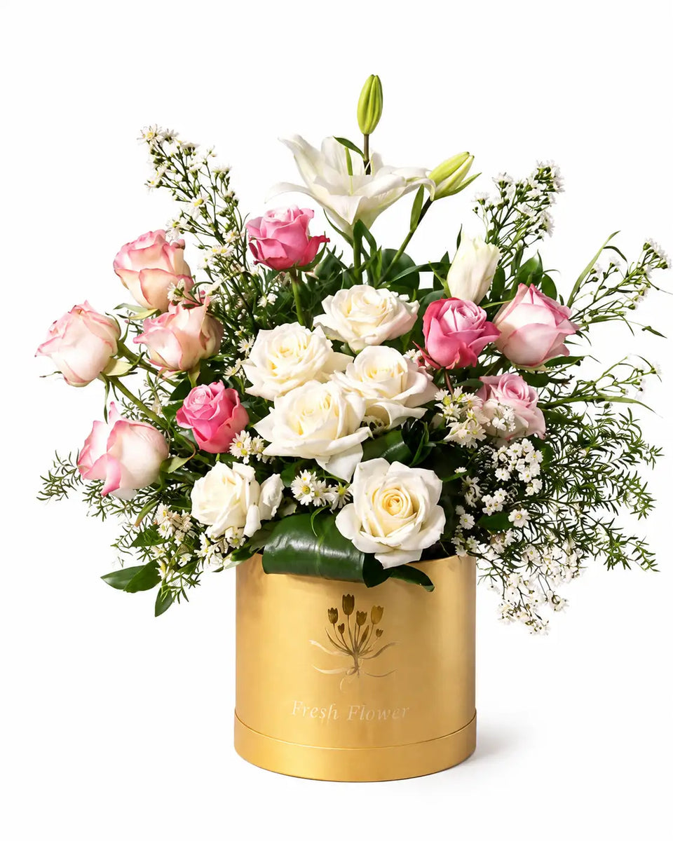 Elegant Fresh Pink Rose & White Lily Box